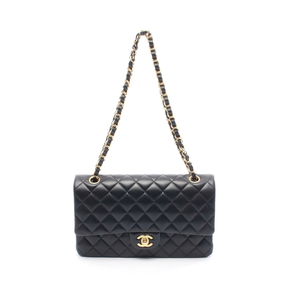 Chanel Matelasse Double Flap Shoulder Bag Lambskin Sheepskin Black